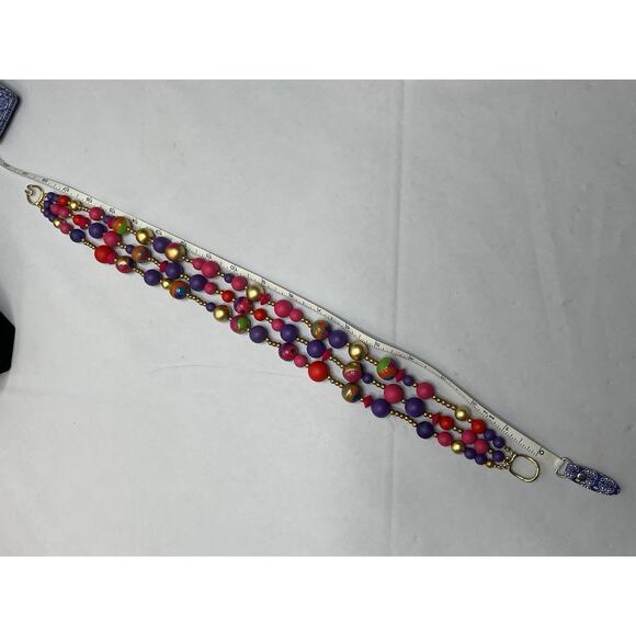 Colorful Necklace Orange Pink Purple Wood Beads Triple Strand Festive Bright - Picture 5 of 7